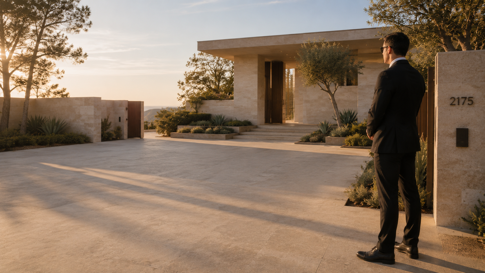 Residential security professional standing watch at a private Southern California estate