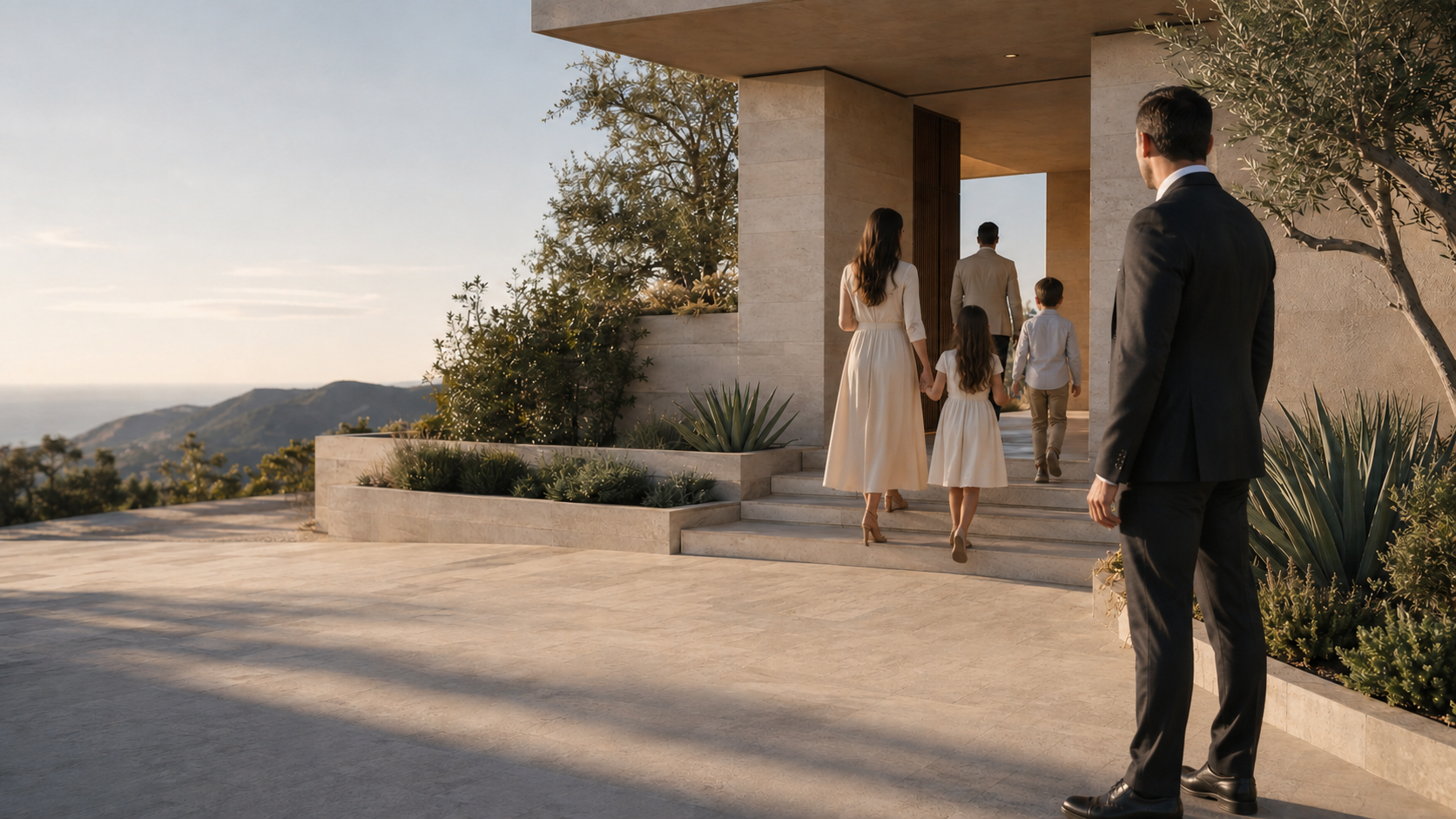 Family entering a modern Southern California residence with a discreet protection professional nearby