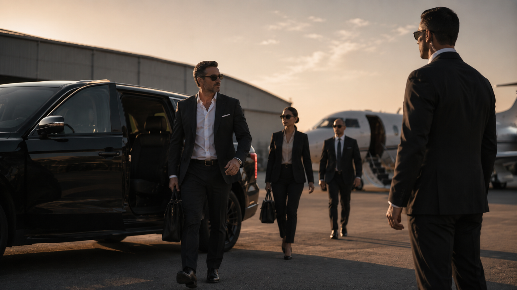 Executive protection team coordinating a discreet arrival at a private aviation terminal